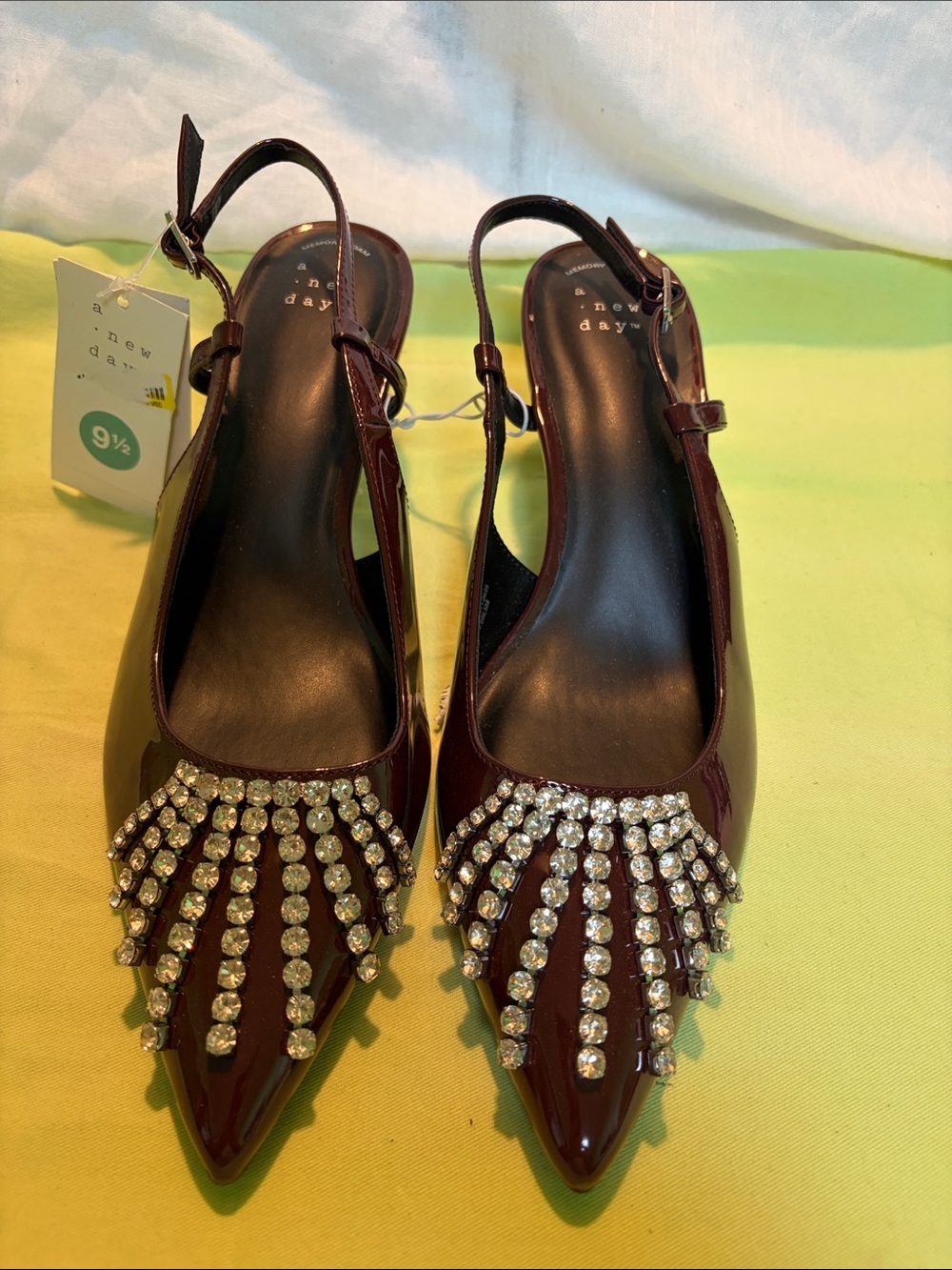 a new day Burgundy Patent Pointed Slingback Flats with Crystal Fringe